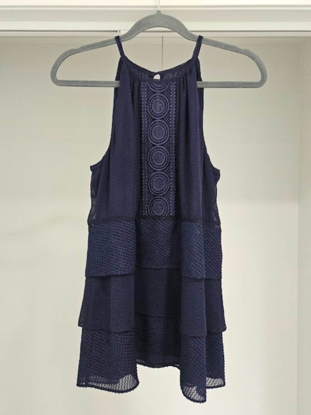 White House Black Market Swiss Dot Tiered Navy Blue Embroidered Boho Tank Top